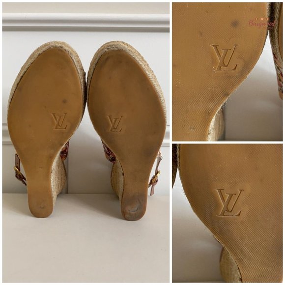 Auth LOUIS VUITTON Floral Satin Fabric Patent Ankle Strap Espadrille Wedge 7.5 - Picture 8 of 15